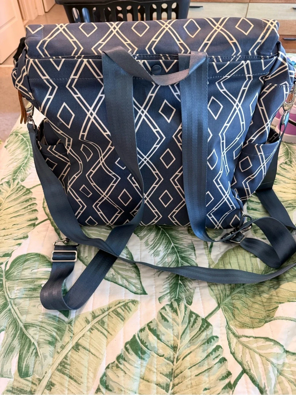 Petunia Pickle Bottom Navy and White Geometric Tote with backpack straps